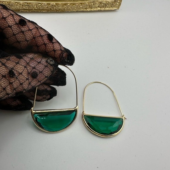 Anthropologie Crescent Elegant Gold Green Hoop Earrings - Picture 7 of 11